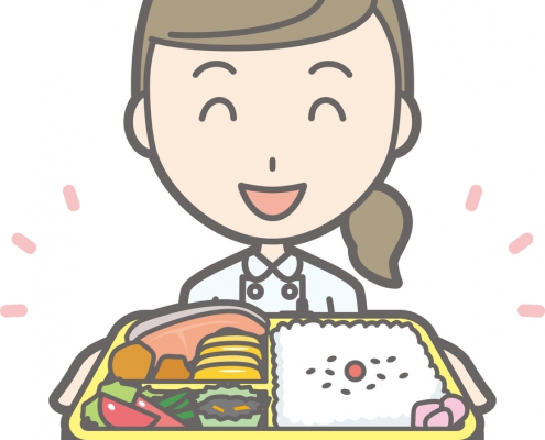 Illustration that a nurse wearing a white suit has a box lunch